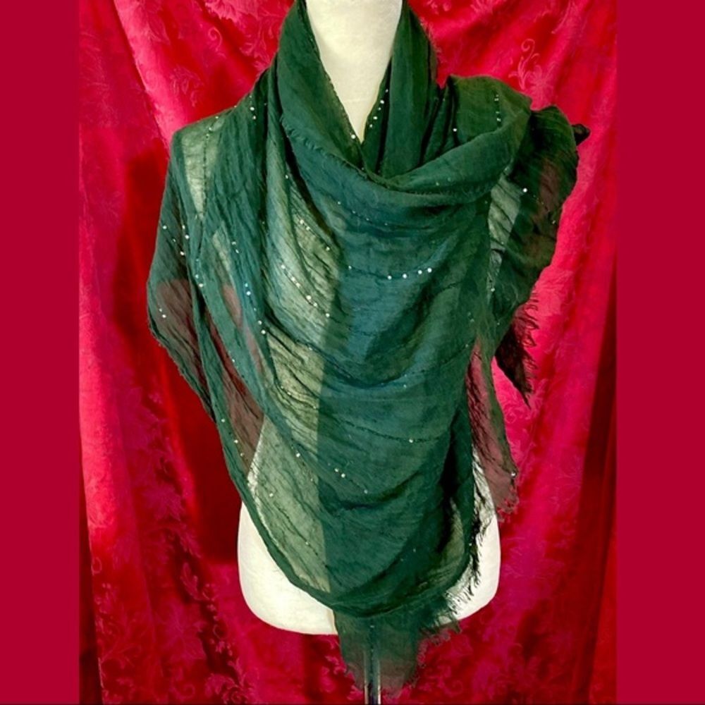 🌟 Dark Green Sheer Scarf Wrap with Sequins